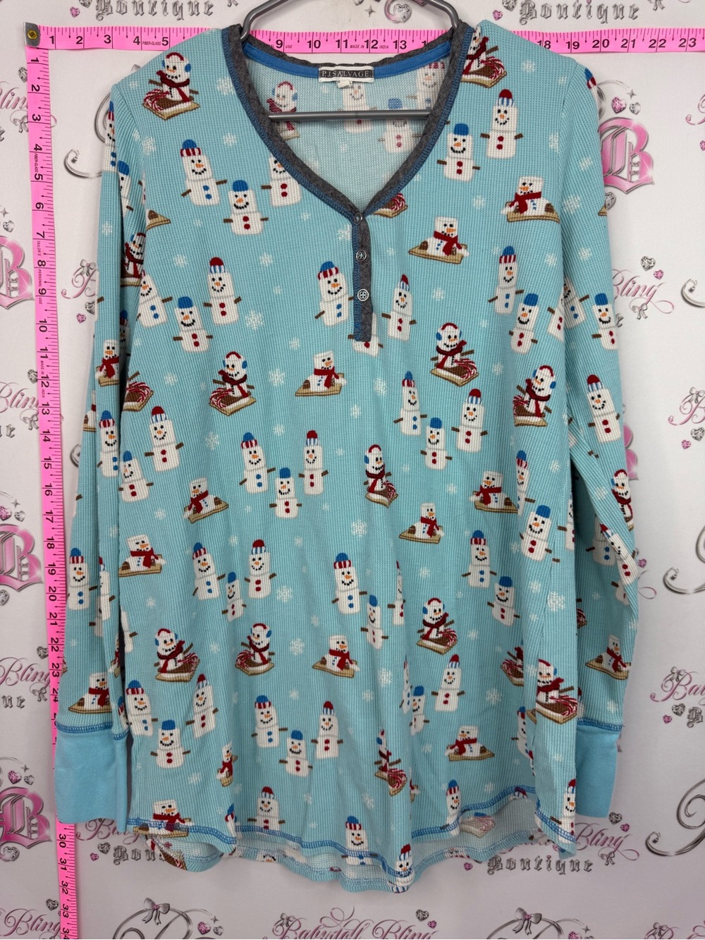 PJ Salvage waffleknit Light Blue Snowman Print Long Sleeve Pajama Top